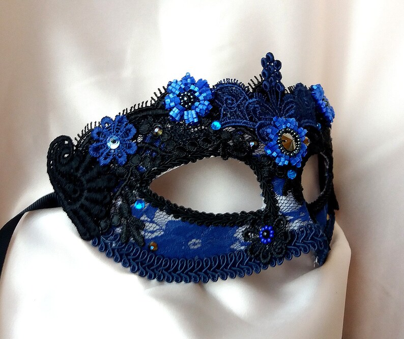 Navy Blue Masquerade Mask with Lace and Rhinestones Etsy