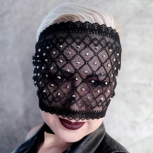 Black Lace Eye Mask, Full Face Masquerade Ball Mask, Carnival Mask with Rhinestones, See Through Mask, Handmade Unisex Mask