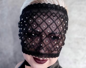 Black Lace Eye Mask, Full Face Masquerade Ball Mask, Carnival Mask with Rhinestones, See Through Mask, Handmade Unisex Mask