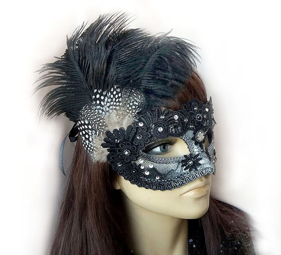 Express Post Available Black Lace Venetian Masquerade Party Mask With Feather
