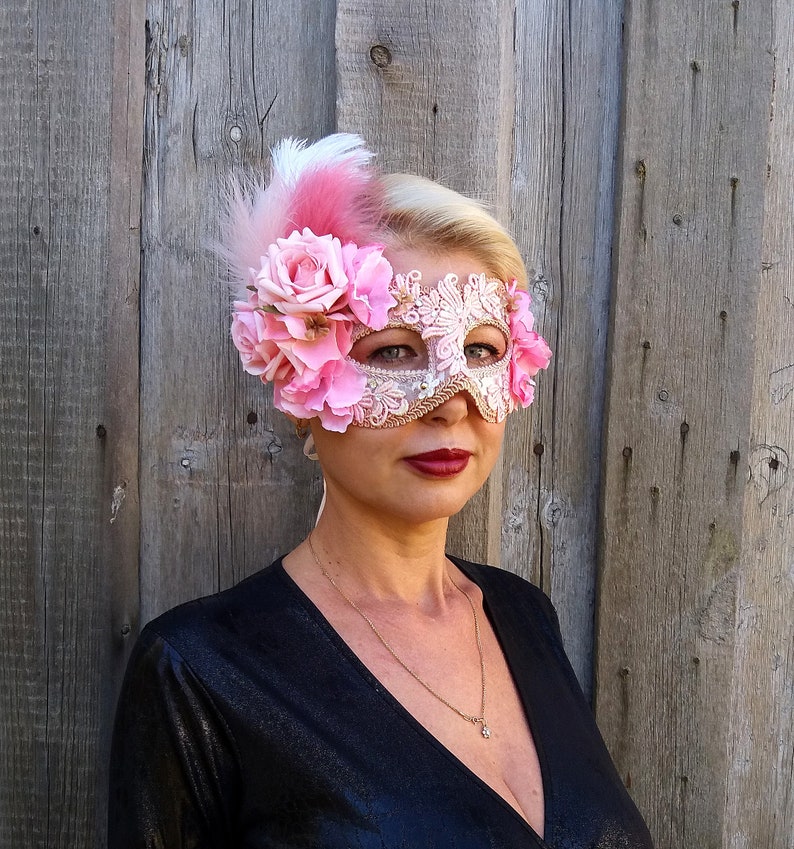Pink Masquerade Mask with Flowers and Feathers Rose Wedding Etsy