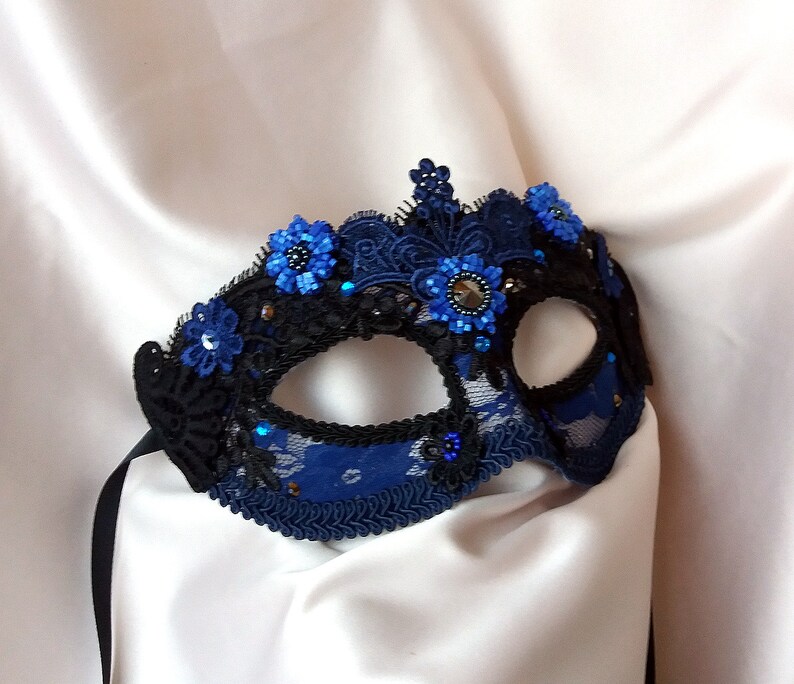 Navy Blue Masquerade Mask with Lace and Rhinestones Etsy