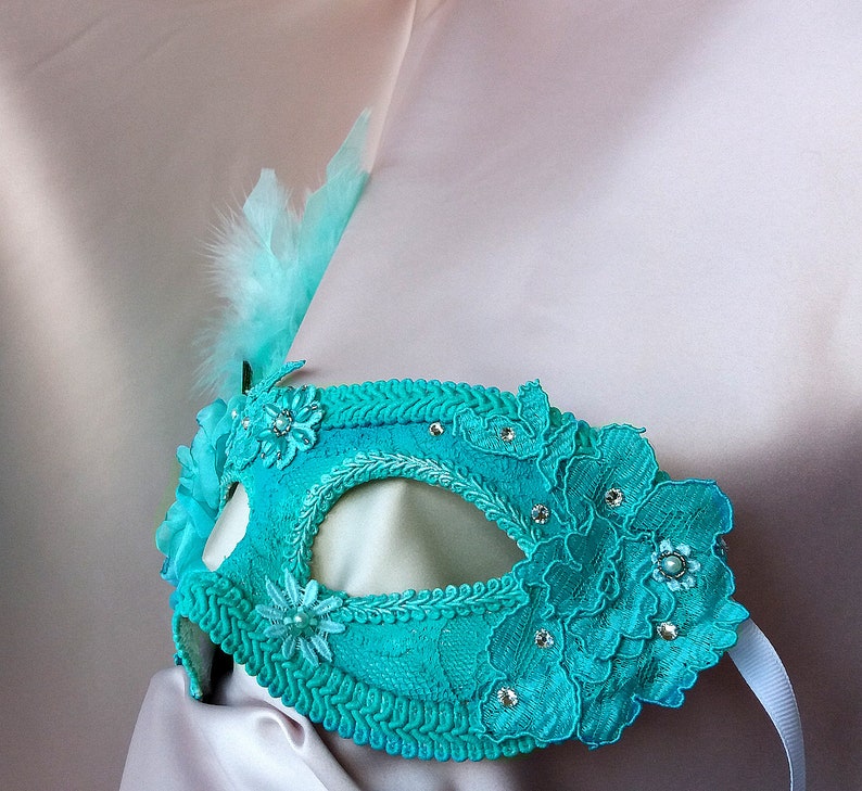 Teal Green Masquerade Mask Womens Mask with Feathers Etsy