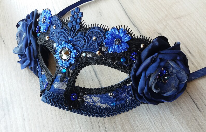 Navy Blue Masquerade Mask for Women Wedding Flower Carnival Etsy