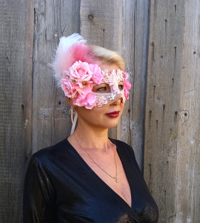 Pink Masquerade Mask with Flowers and Feathers Rose Wedding Etsy