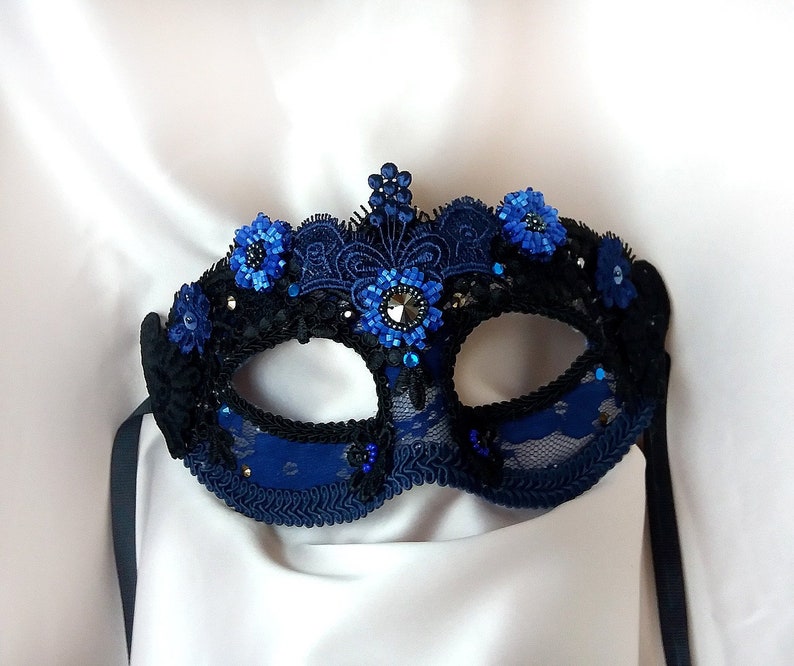 Navy Blue Masquerade Mask with Lace and Rhinestones Etsy