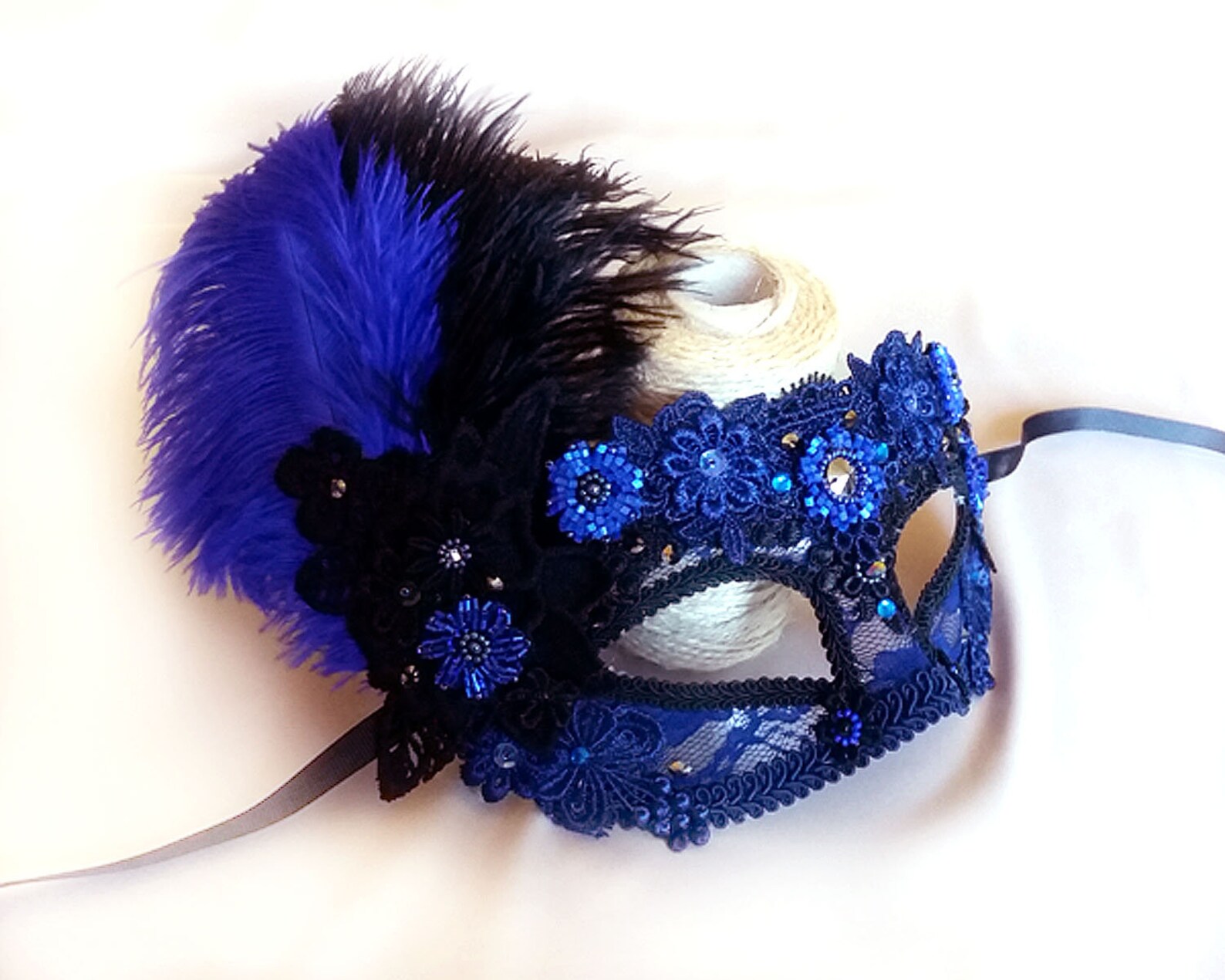Navy Masquerade Mask with Royal Blue Feathers Mardi Gras Mask Etsy