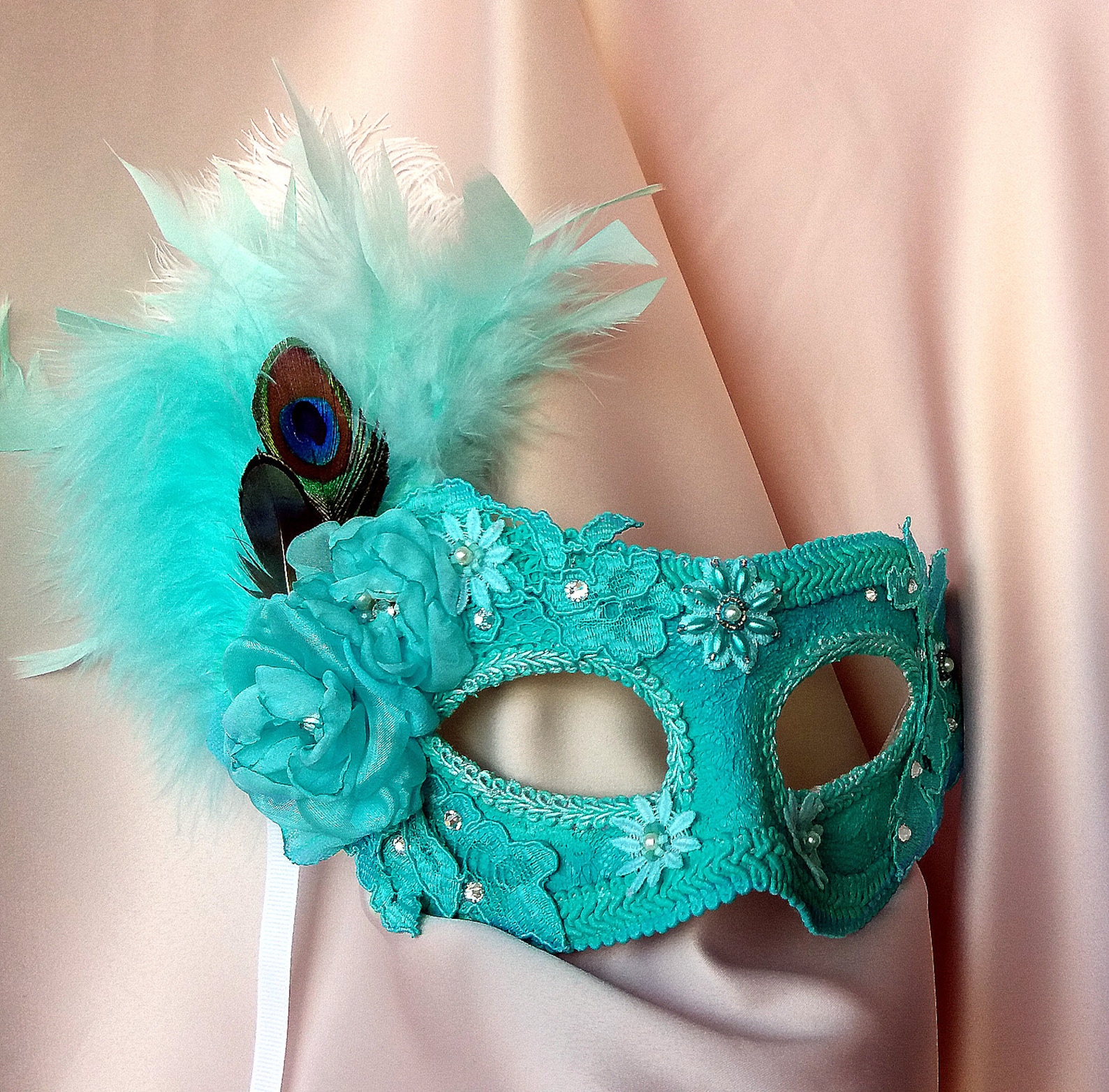 Teal Green Masquerade Mask Womens Mask with Feathers Etsy