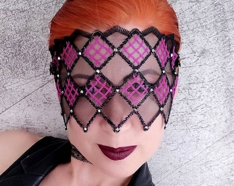 Harlequin mask, Lace masquerade ball Mask, Halloween mask, Mysterious Mask, Roleplay Mask, Secret party mask, Black Violet lace mask