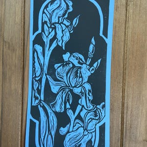 Irises Linocut Print - Darker Blue/Purple Background