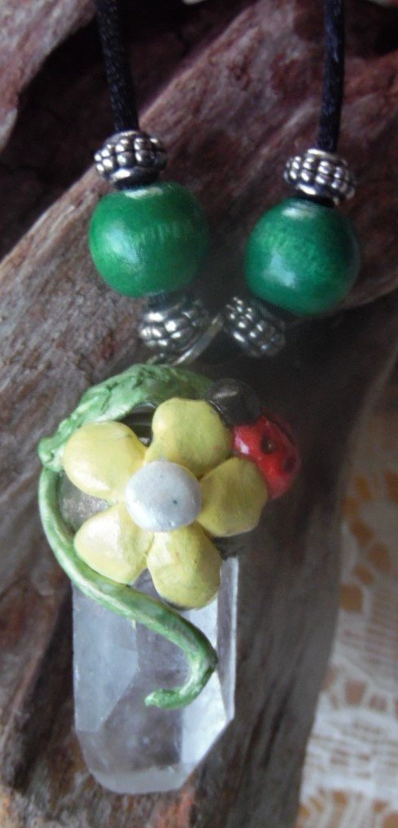 Crystal Necklace Healing Jewelry Lemurian Crystal Pendant with polymer clay flower and ladybug Ladybug Necklace