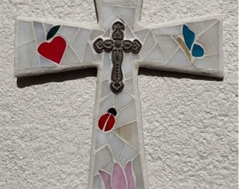 Mosaic Cross, Mediterranean Wall cross, Religious Wall Cross, French Wall cross, Unique Wall Cross, Mosaic Wall Decor, Glass Mosaic Cross