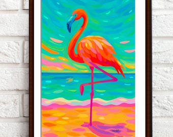 Flamingo Print, Bright Pink Decor, Beach Decor, Pink Flamingo, Bird Print, Coastal Beach House Wall Art, Tropical Art , Impressionist Art
