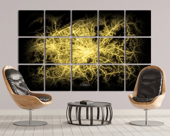 Roanoke Map 15 Canvas Panel Roanoke Virginia Night Lights Module Map Oversized Horizontal Wall Art Map Modern Art Neon City Map Ncm