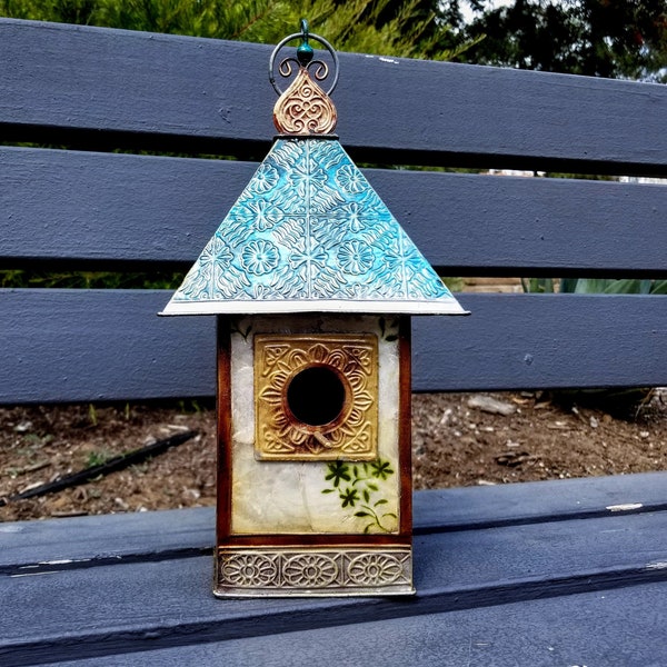 Metal Decorative Birdhouse - with Capiz Shells - Garden Decor