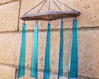 Turquoise Sea Glass Wind Chime - Garden Decor - Wind Chimes - Metal Decor