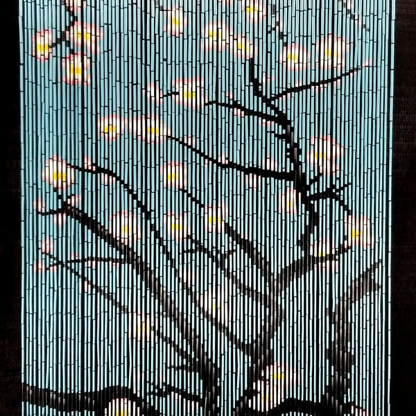 Cherry Blossom Bamboo Beaded Curtain - Hand Painted - Bamboo Curtains - Door Beads - Doorway Curtains