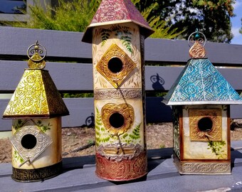 3pc Tall Metal Decorative Birdhouse Combo - with Capiz Shells - Garden Decor