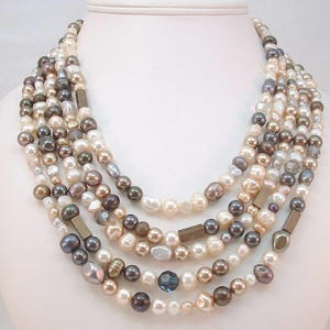 Bronze and Crystal Pearl Statement Necklace - 5 Strands Unique  Elegant One of a Kind