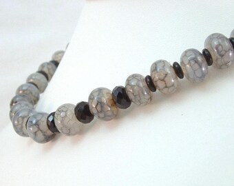 Black Spiderweb Agate and Black Crystal Choker Necklace with Toggle Clasp 17 Inches