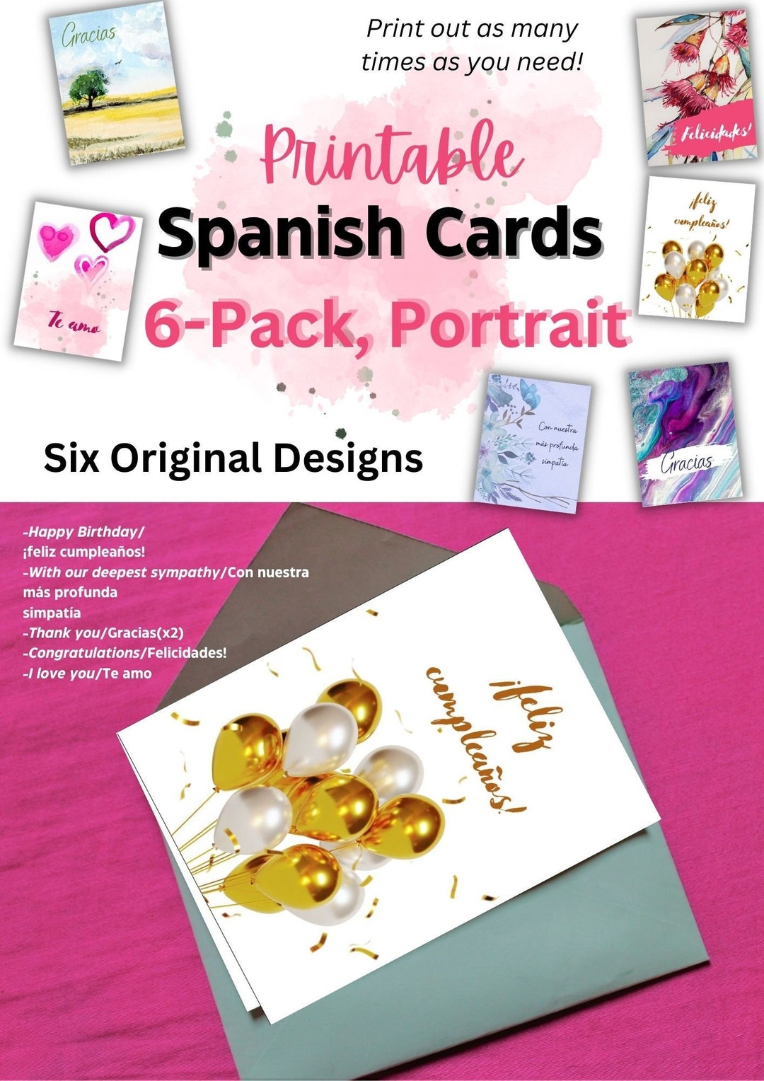Printable Greeting Cards in Spanish Sympathy, Birthday Card