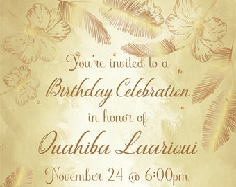 Elegante Goldfeder und Hibiskus-Blumen-Geburtstags-Einladung für alle Altersgruppen