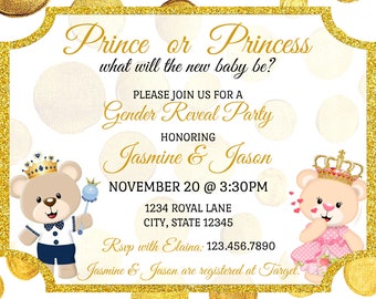 Prince or Princess Gender Reveal Baby Shower Invitation, Teddy Bear Gender Reveal Invitation, Teddy Bear Baby Shower Invitation