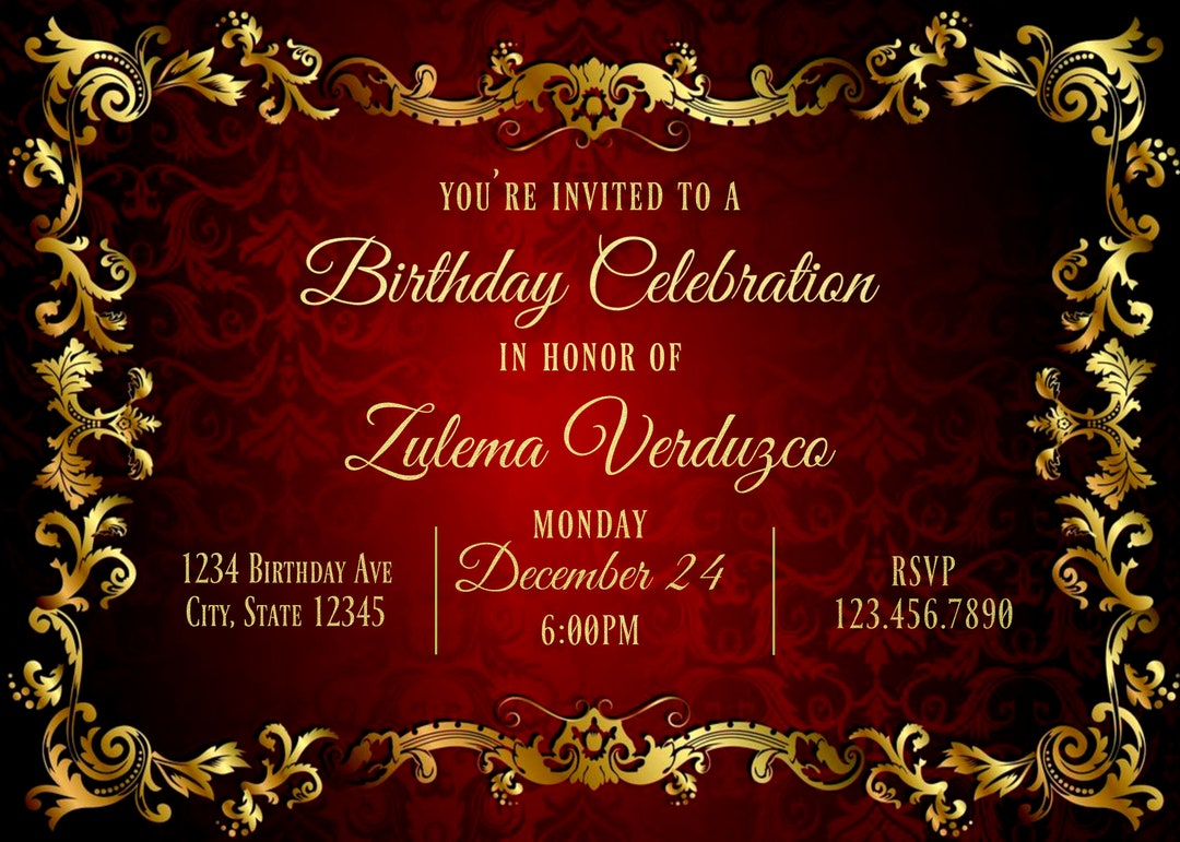 Elegant Red & Gold Birthday Party Invitation for All Ages Etsy