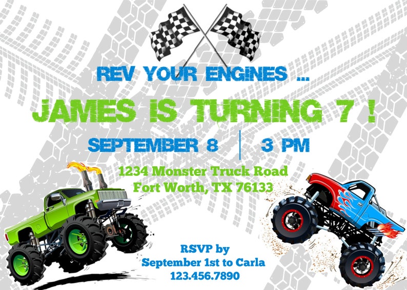 7th Birthday Monster Truck Party Invitation Monster Truck Etsy