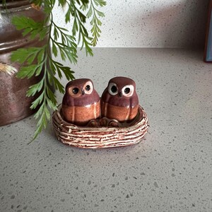 May include: Two brown ceramic owls with white eyes sitting in a brown ceramic nest. The nest has a textured design that resembles twigs.
