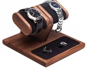 Walnut wood desk organizer, two watch jewelry tray, docking station, watch case, personalized box, watch jewelry display, holder box