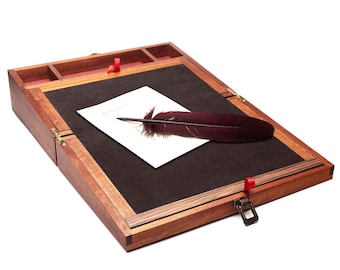 Mahogany wood simple Writing Slope with 2 hidden drawers and space for stationery. Mahogany wood slope. Calligraphy. Desk organizer.