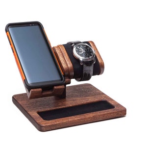 Organizador de mesa de mogno relógio + telefone + bandeja de joias estação de encaixe móvel caixa de relógio caixa personalizada caixa de suporte de exibição de joias