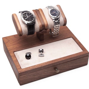 Walnut wood desk organizer with drawer. Watch stand, jewelry tray