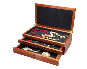 Mahogany jewelry box, wood desk organizer with two drawers. Jewelry tray