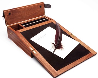 A small mahogany Writing Slope Perfect gift for a calligraphy lover. Drawer and space for stationery. Writing box, Colonial, Desk organizer.