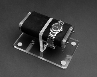 Transparent Watch Stand for two watches + personalized box, watch storage, watch organizer.