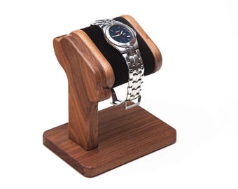 Walnut Watch Stand for long bracelet watch with personalized box, wooden watch display for men, wood watch holder, watch storage