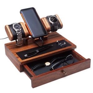 Mahogany wood desk organizer with drawer. Watch stand, jewelry tray