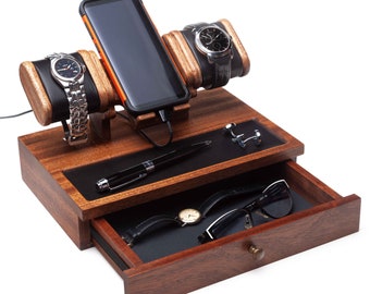 Mahogany wood desk organizer with drawer. Watch stand, jewelry tray