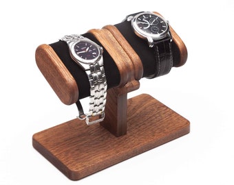 Mahogany wood Watch Stand for long bracelet watches with box, wooden watch display, holder, storage, personalized gift for him,