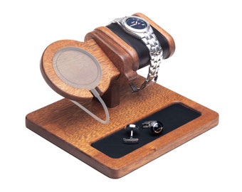 Mahogany stand, Apple MagSafe Charger + phone + watch with jewelry tray mobile docking station watch case personalized box