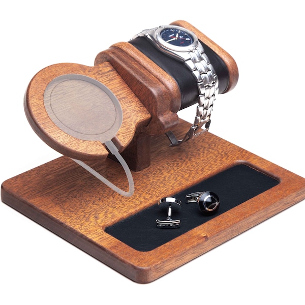 Mahogany stand, Apple MagSafe Charger + phone + watch with jewelry tray mobile docking station watch case personalized box