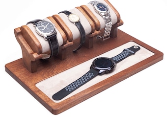 Mahogany wood desk organizer for three watches + jewelry tray docking station watch case personalized box watch jewelry display holder box