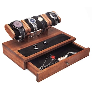 Mahogany wood desk organizer with drawer. Watch stand for four watches, jewelry tray