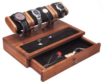 Mahogany wood desk organizer with drawer. Watch stand for four watches, jewelry tray