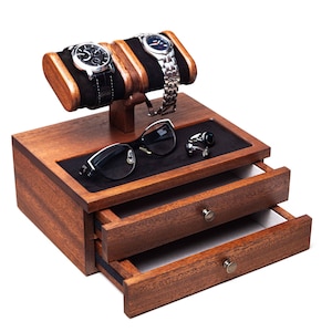 Organiseur de bureau en bois d'acajou avec deux tiroirs. Support à montre, plateau à bijoux
