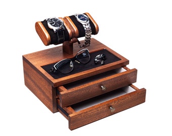 Mahogany wood desk organizer with two drawers. Watch stand, jewelry tray