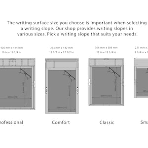 Op de afbeelding: Diagram van vier schrijfplanken met afmetingen in millimeters en inches. De tekst luidt: "De grootte van het schrijfoppervlak dat u kiest, is belangrijk bij het selecteren van een schrijfplank. Onze winkel biedt schrijfplanken in verschillende maten."