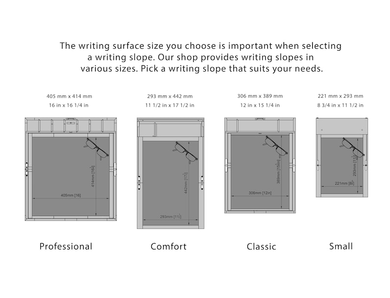 Op de afbeelding: Diagram van vier schrijfplanken met afmetingen in millimeters en inches. De tekst luidt: "De grootte van het schrijfoppervlak dat u kiest, is belangrijk bij het selecteren van een schrijfplank. Onze winkel biedt schrijfplanken in verschillende maten."
